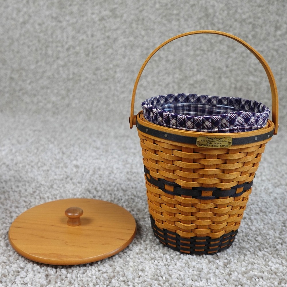 Longaberger 2001 JW Collection Miniature Bankers Waste Basket with Lid & Liner